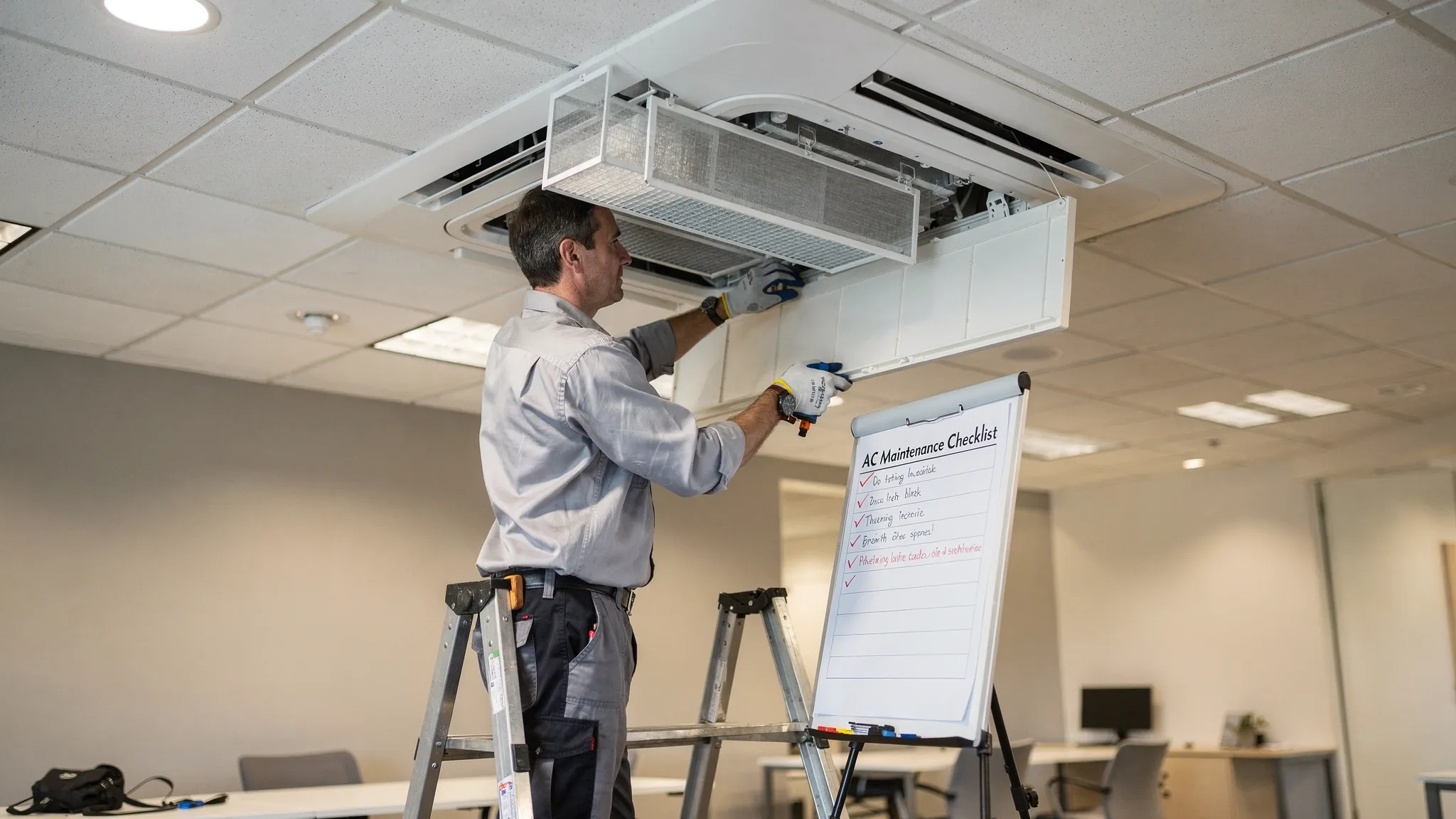 A technician performing routine maintenance on a ceiling cassette AC in a commercial space, with the grille opened, filters visible and a simple checklist board nearby.